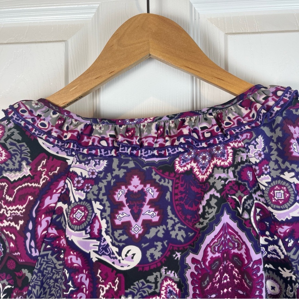 eci New York Multi Purple & Gray Blouse Elastic Waist Hem Ruffles Women’s Size 8 - Picture 9 of 14